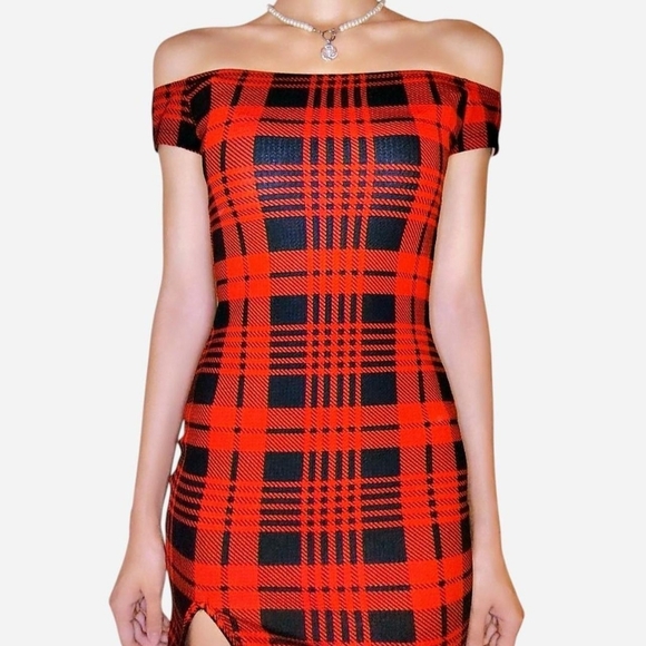SHEIN Red and Black Strapless Plaid Dress - Picture 2 of 4